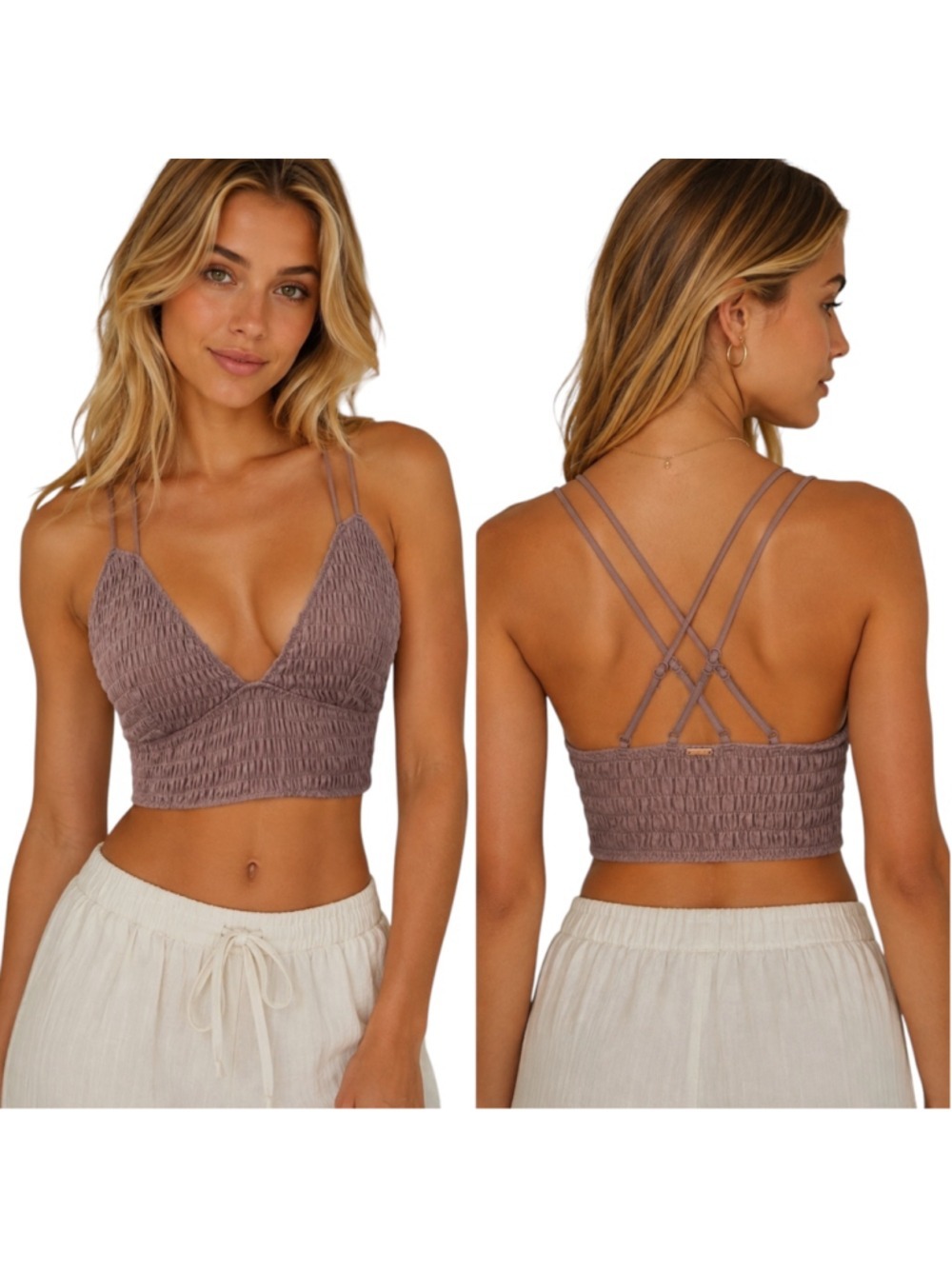Victoria’s Secret PINK Smocked Bralette Dusty Mauve Strappy Cross Back Size L